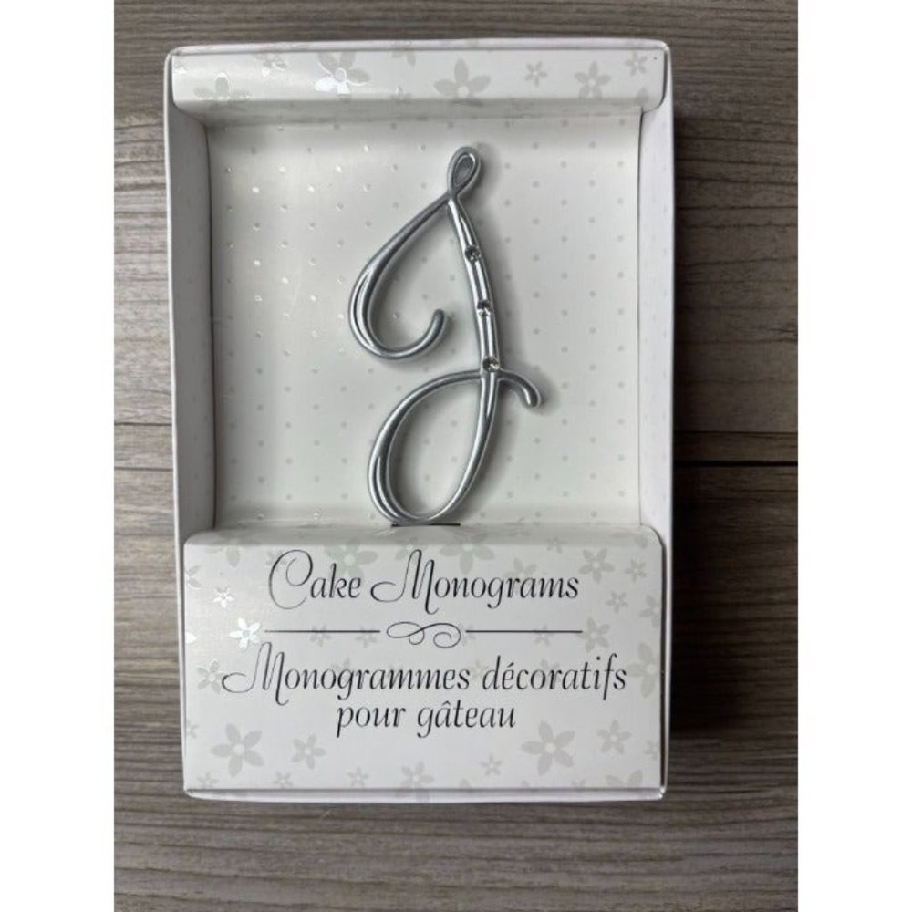 Wedding Small J Silver Finish Monogram Initial Rhinestones Cake Topper